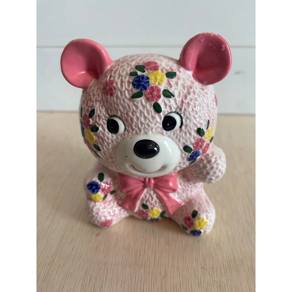 Vintage Napcoware Pink Teddy Bear Planter Flowers Bow Cute